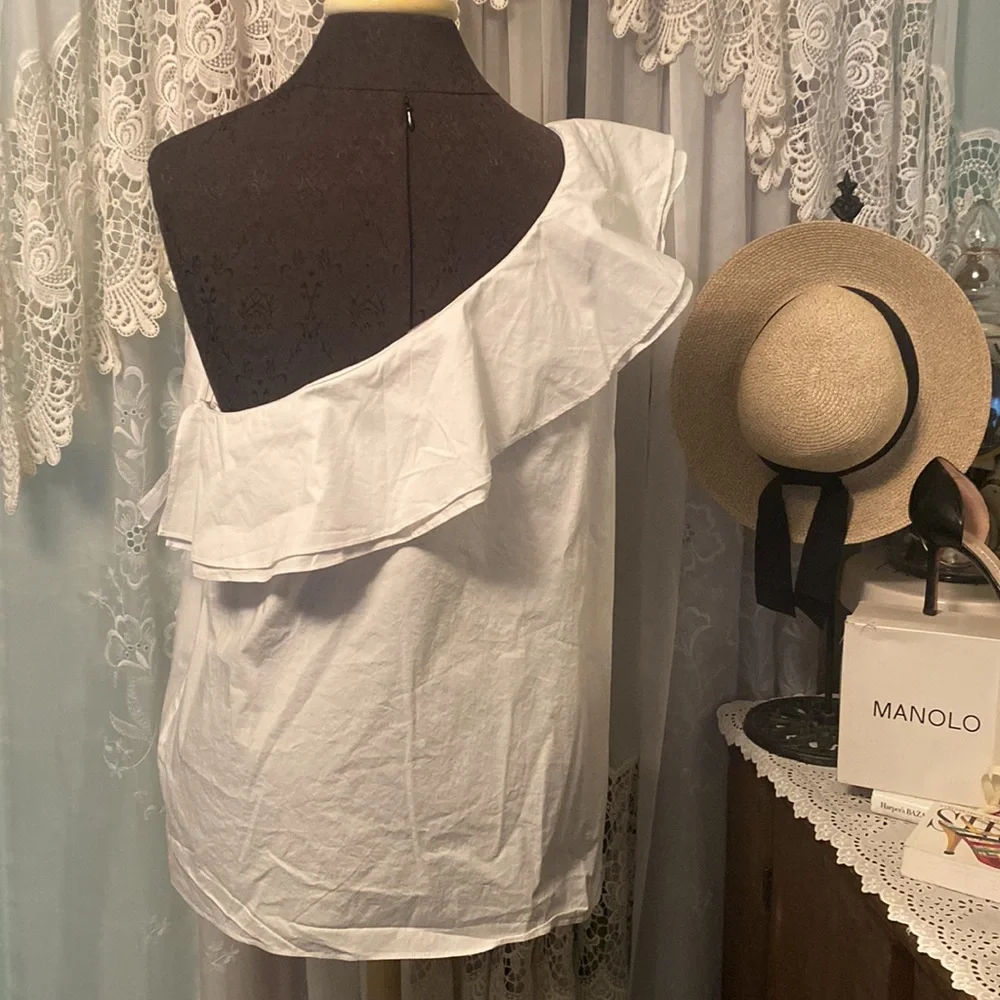 Vince Camuto Cotton Stretch Weave One Shoulder White Top Sz XL EUC